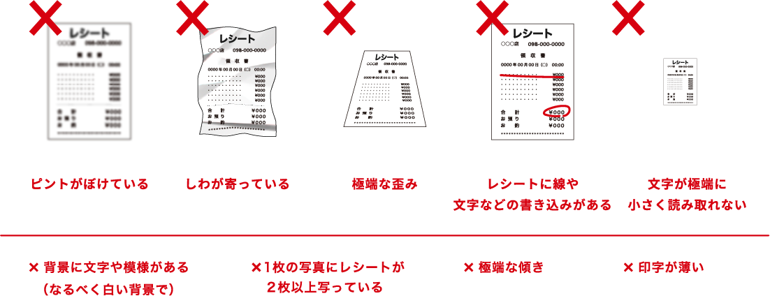 悪い撮影方法・NGレシート例